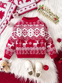 Young Girl Geometric Pattern Loose Fit Crew Neck Sweater, For Christmas - Multicolor - View 2