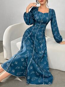 Modelyn 女士花卉印花长袖连衣裙 - 藍色 - 查看 5