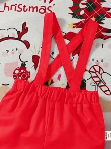 2pcs Baby Boy Santa Claus & Gingerbread Man Christmas Print Long Sleeve Shirt & Red Suspender Pants Set, For Christmas Party Role Play