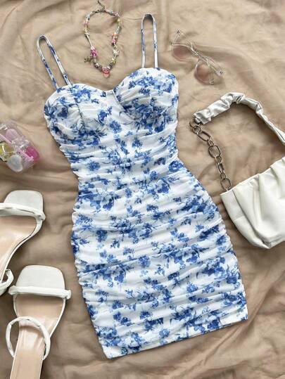 Soleia Women's Floral Print Ruched Camisole Mini Dress, Mesh Fabric, For Vacation, Wear As Innerwear Or Outerwear, Fall Women Clothes,Cottage Core,Renaissance/Thanksgiving Dress,Birthday Women Outfits,Homecoming Dress,Summer Dresses For Women,Pastel Dresses For Women