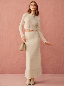 Enchnt 秋冬纯色圆领长袖上衣和中长裙两件套优雅女士优雅装束，秋季两件套，秋冬女装 - 杏色 - 查看 1