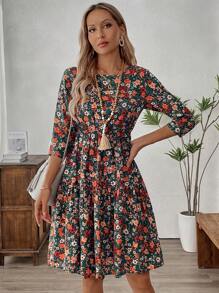 EMERY ROSE Đầm dài vừa cổ tròn in hoa nhiều màu cho nữ - Nhiều màu - Xem 4