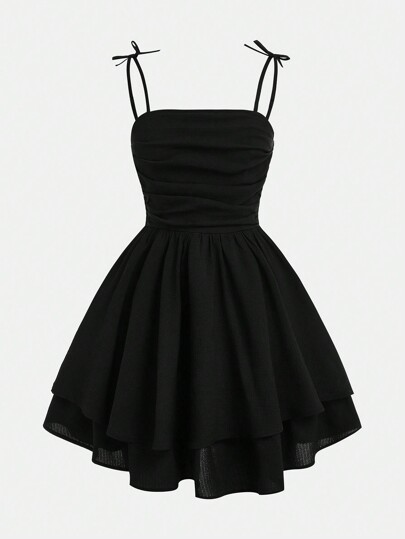 SHEIN Girlism Teen Girls   Summer Woven Solid Color Ruffled Ruched Layered Casual Strap Dress,Summer Dress Graduation Dress