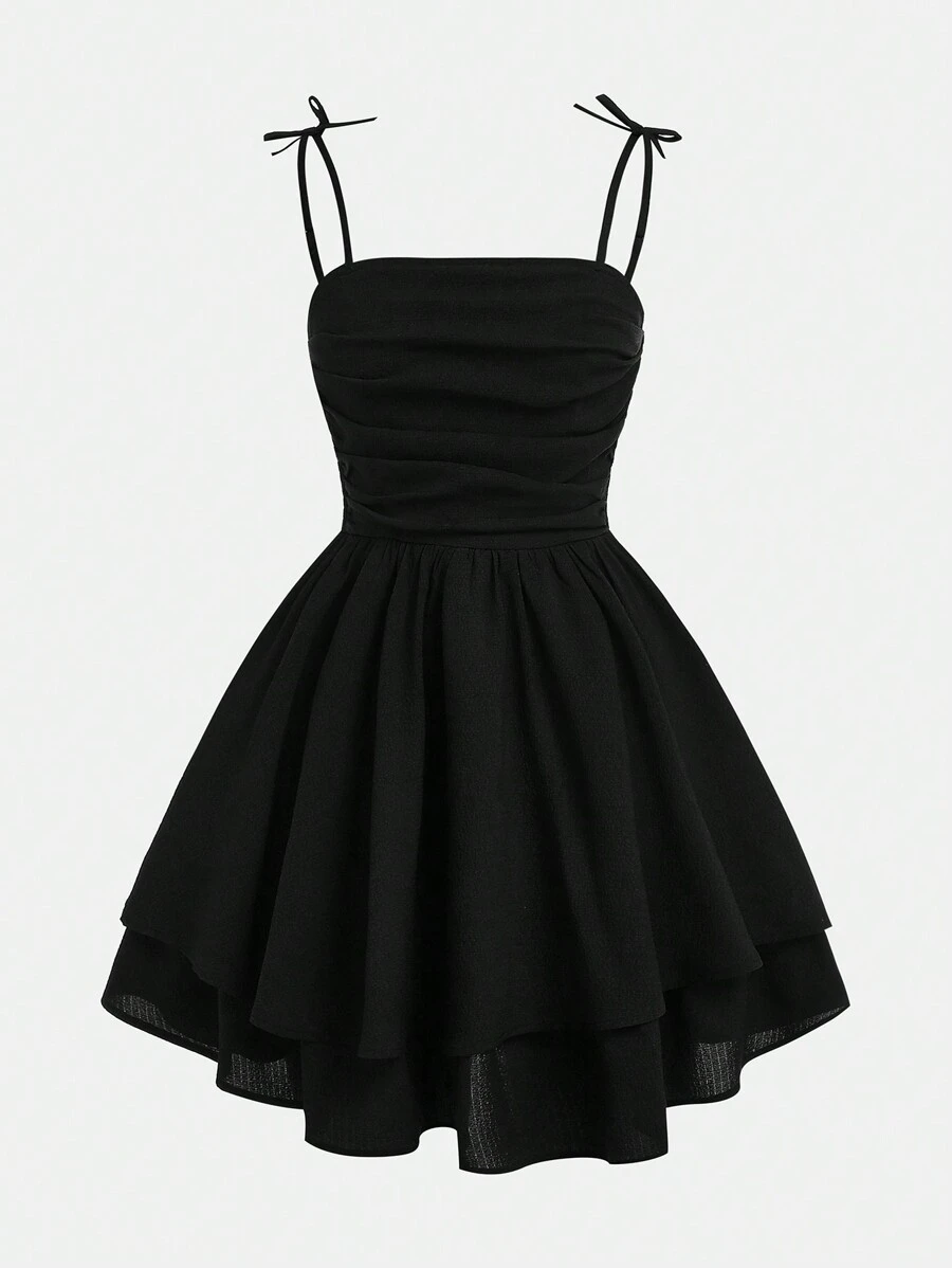 SHEIN Girlism Teen Girls   Summer Woven Solid Color Ruffled Ruched Layered Casual Strap Dress,Summer Dress Graduation Dress