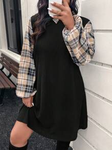 SHEIN LUNE 大码女式豹纹拼布灯笼袖罗纹直筒宽松休闲连衣裙，秋季节日装节日派对礼服加大码连衣裙 - 彩色 - 查看 1