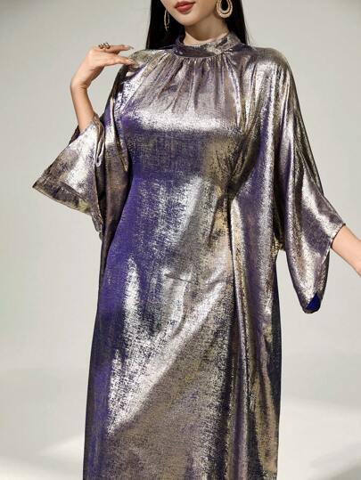 Al Najma Women's Metallic Stand Collar Bell Sleeve Stylish Turkish Modest Long Sleeve Dress Kaftan Arabian Dress