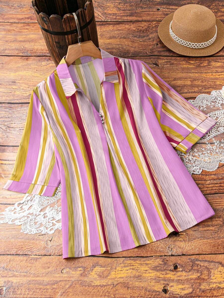 EMERY ROSE Plus Size Women Spring Summer Striped 3/4 Sleeve Loose Casual Blouse - Multicolor - View 1