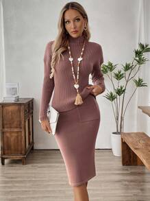 EMERY ROSE 2 件套纯色领长袖简约毛衣和 A 字裙休闲装 - 棕色 - 查看 6