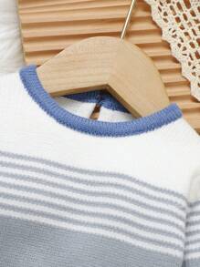 SHEIN 男婴圆领纯色拼接毛衣和裤子休闲装 - 藍色 - 查看 4