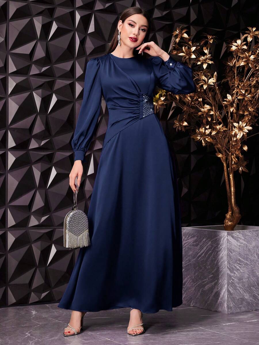 Veilorie 女士褶皱泡泡袖连衣裙，优雅晚宴礼服长款晚礼服 - 藏蓝色 - 查看 1