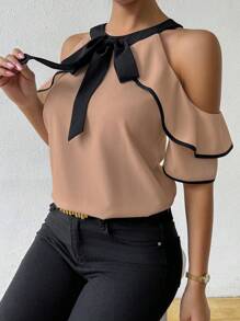 EMERY ROSE 女士系肩修身休闲优雅衬衫 - 棕色 - 查看 4