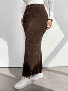 Calvaya 1pc Plus Size Women's Solid Color Maxi Casual Knitted Skirt - قهوة بني - مشاهدة 4