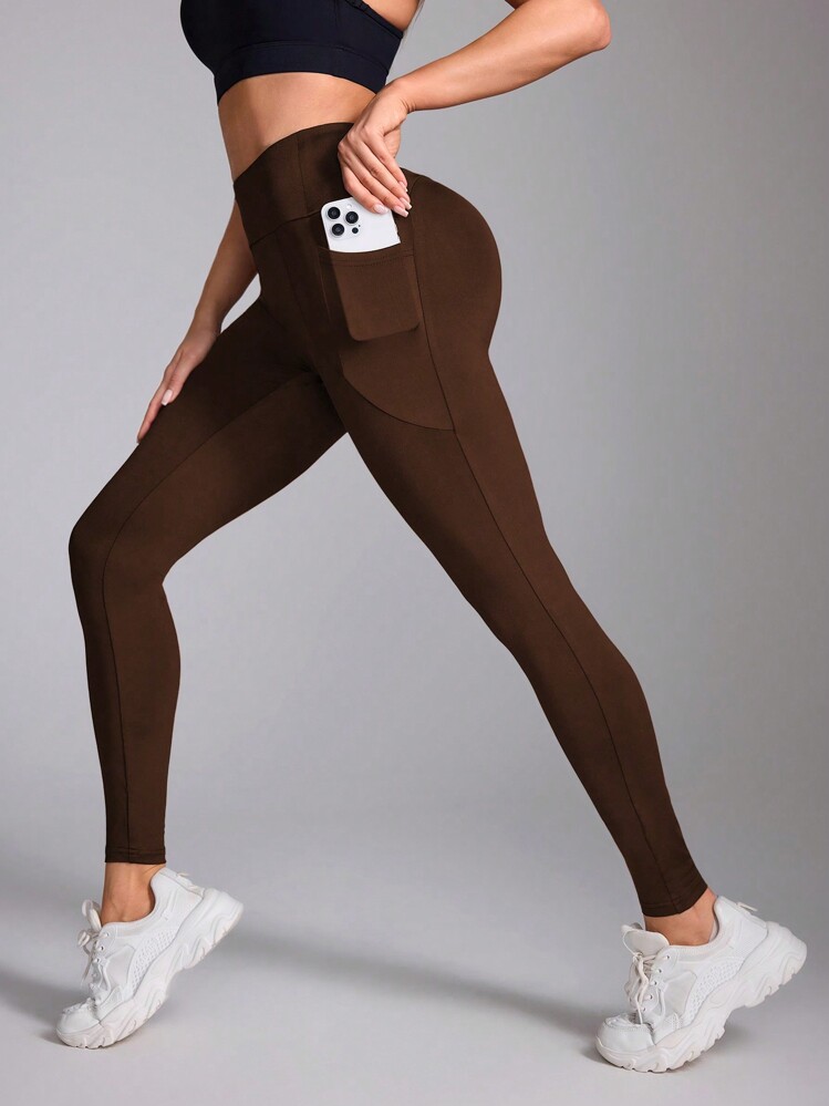 SHEIN Sports Quần legging thể thao bó sát lưng cao liền mạch màu trơn tối giản cho nữ - màu nâu - Xem 1