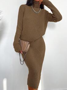 EURMUSE Solid High Neck Sweater & Knit Skirt - Brown - View 4