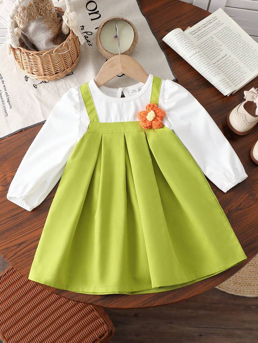 SHEIN 女婴雪纺花卉装饰连体裙，优雅休闲，秋冬 - 彩色 - 查看 1