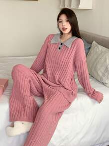 DAZY Knitted Colorblock Lapel Design Loose Homewear Set Fall,Winter Pajama