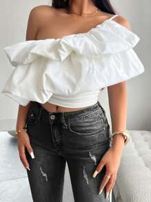 Chiquease Women Solid Color Asymmetrical Neck Ruffle Sleeveless Sexy Top - White - View 5