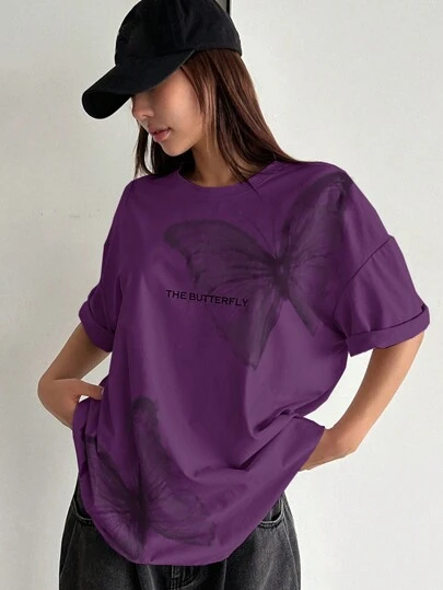 DAZY 休闲女式落肩蝴蝶和字母印花夏季T恤超大T恤