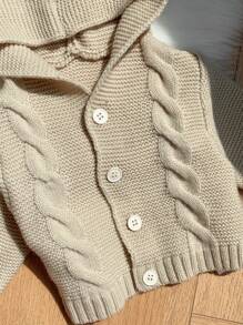 SHEIN Nouveau-né Bébé Garçon/Fille Beige Automne Hiver Vintage Texturé Capuche Cardigan Avec Design Oreille 3D, Décontracté Et Chaud, Adapté Pour Une Utilisation En Intérieur Et Extérieur