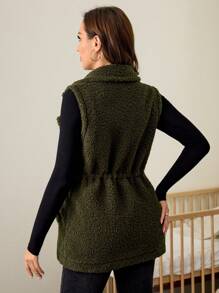 SHEIN Maternity Fuzzy Collar Button Vest Jacket, For Autumn & Winter Pregnancy - Army Green - View 2