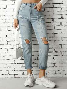 High Waisted Ripped Jeans Boyfriend Jeans - Light Wash - View 3