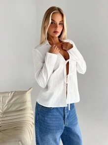 Aloruh 女士休闲棉麻深 V 领蝴蝶结前宽松长袖衬衫女士衬衫长袖衬衫白衬衫女士衬衫外出上衣工作女士衬衫秋季衬衫秋季女士衬衫白衬衫女士 - 白色 - 查看 6