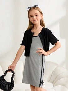 SHEIN 3pcs Tween Girls' Casual Fitted Splice Color Block T-Shirt, Camisole And Pants Set