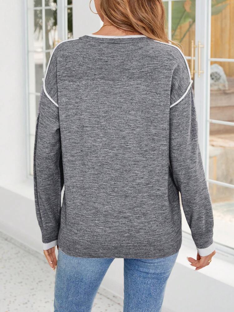 Women's Solid Color Patchwork Minimalist Long Sleeve Crew Neck Sweater, Casual Daily Wear