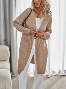 EMERY ROSE Loose Casual Cable Knit Cardigan, Knit Pullover Fall Winter - Khaki - View 5