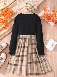 SHEIN Vestido casual de vacaciones de manga larga con parches de unicolor para niña preadolescente - Caqui - Ver 2