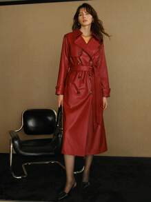 MOTF STUDIO PU LEATHER LAPEL COLLAR DOUBLE BREASTED PLACKET BELTED TRENCH COAT - Burgundy - View 2