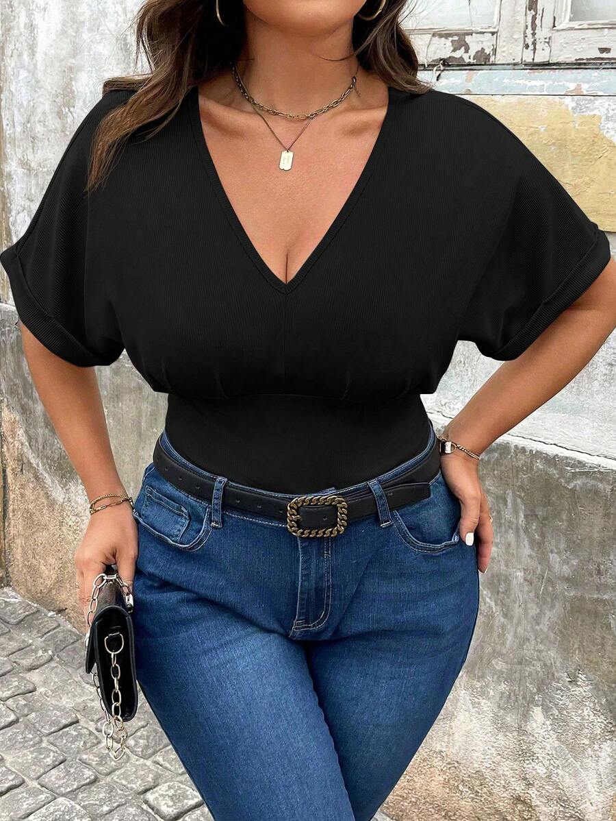 Plus Size V-Neck Short Sleeve Solid Color Minimal Casual Stylish Bodysuit - Black - View 1