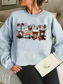 SHEIN LUNE Dames Plus-Size Hoodie Meisje Halloween Print Drop Shoulder Sweatshirt