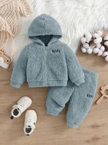 SHEIN 新生男婴/女婴可爱刺绣字母图案连帽夹克和裤子套装，秋冬