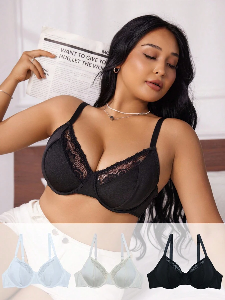 Conjunto de 3 piezas: Bralette y sujetadores inalámbricos de encaje y minimalistas, talla grande