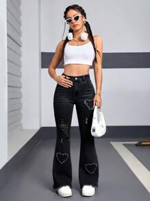 SHEIN EZwear Women's Front Button Pockets Distressed Hem Jeans, Casual Everyday Wear Y2K Love Ripped Fashionable Casual Denim Stretch Bell Pants - Black - View 6