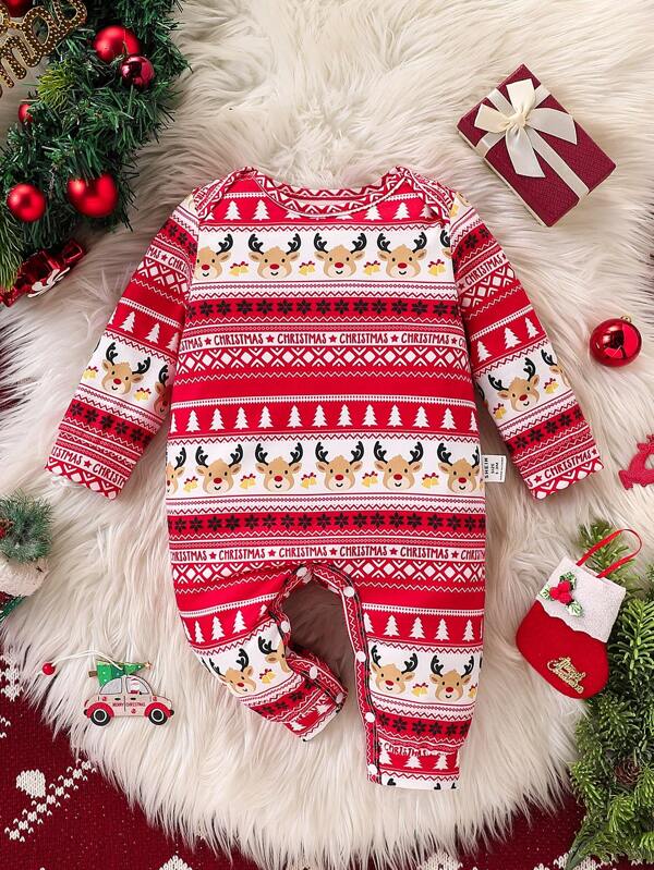 SHEIN 2pcs/Set Newborn Baby Boy Christmas Deer Cartoon Graphic Long Sleeve Top And Pants Pajama Set, Cozy Warm For Fall/Winter