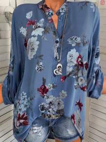 Hơn In hoa Vá Túi Áo sơ mi - Màu xanh lam - Xem 1