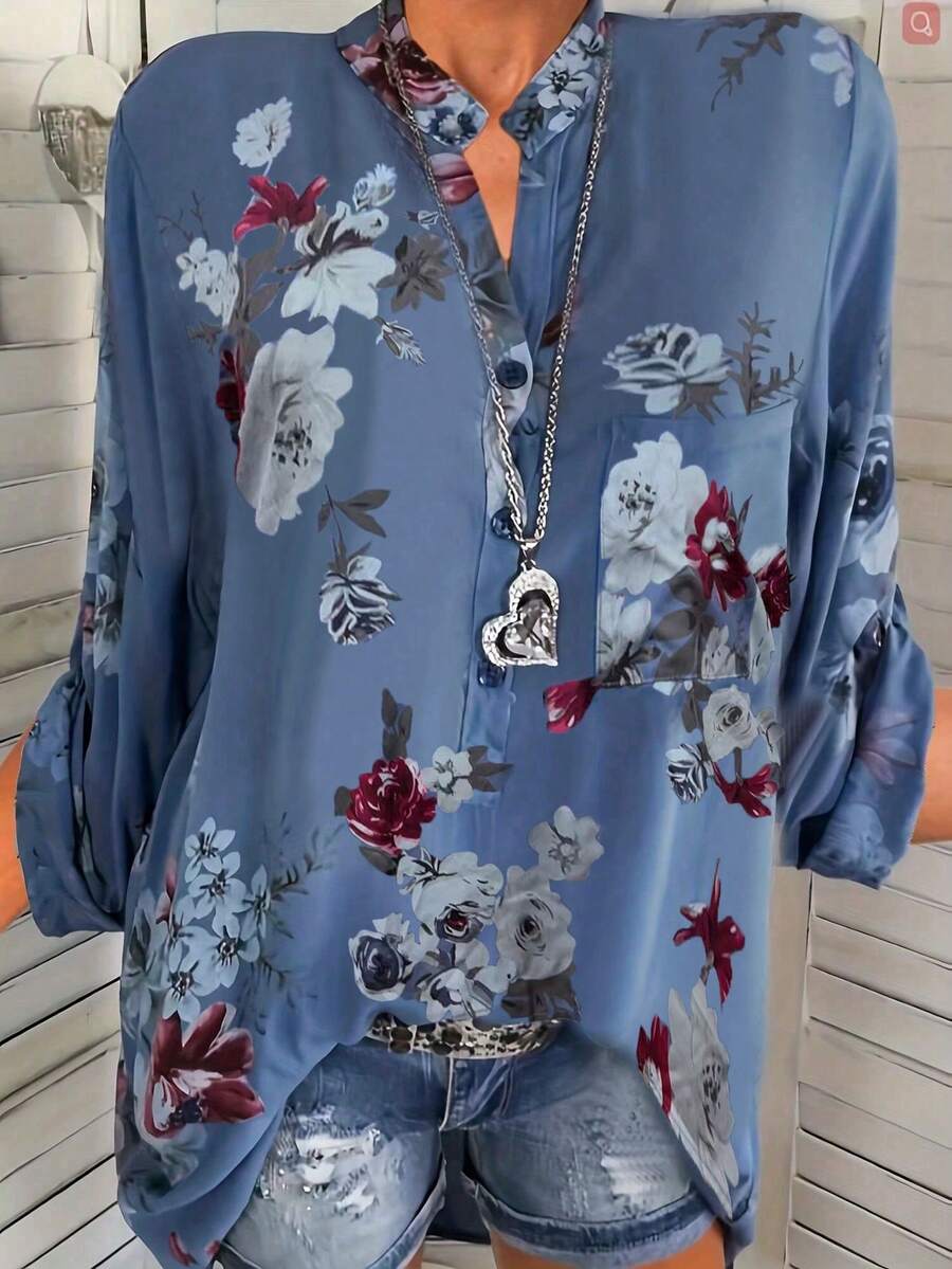 Hơn In hoa Vá Túi Áo sơ mi - Màu xanh lam - Xem 1