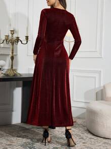 Modelyn Women Elegant Solid Color Round Neck Long Sleeve Ruched Waist Dress, Spring Summer Long Evening Dresses - Red - View 2