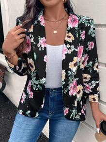 SHEIN LUNE Floral Print Knitted Plus Size Women's Spring Autumn Casual Long Sleeve Blazer Jacket