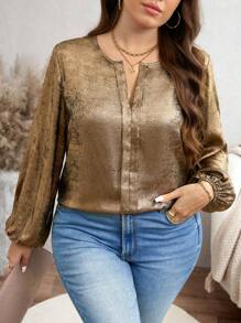 SHEIN LUNE Goudkleurige comfortabele stof voorpaneelontwerp Lange mouw Elastische manchet Plus-size shirt Winterkleding