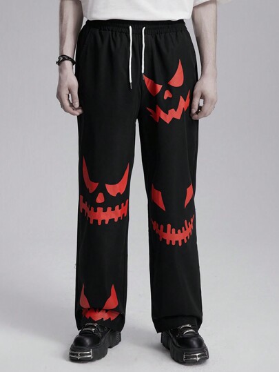 Goth Men's Drawstring Waist Graphic Print Slant Pockets Casual Woven Black And Red Pants, For Halloween