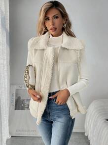 SHEIN LUNE Áo khoác nữ cổ bẻ màu be có khóa kéo cho mùa thu/đông - Màu be - Xem 3