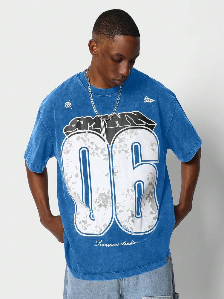 Regular Fit Kurzarm Verwaschen T-Shirt mit grafischem Nummer Aufdruck auf der Vorderseite