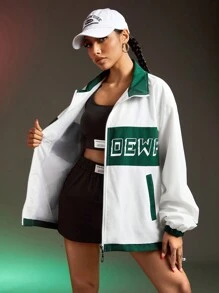 Streetz SHEIN Sport Front Zipper Long Sleeve Solid Color Patchwork Letter Print Sports Jacket, Casual Daily Wear - White - View 8