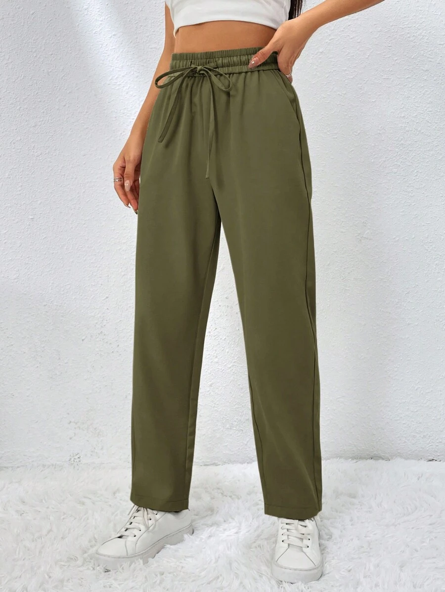 Muchica Quần dài lưng 3/4 màu trơn đơn giản có dây rút - màu xanh lá - Xem 1