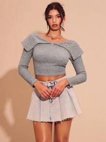 Glamine 休闲领口露肩长袖简约衬衫 - 灰色 - 查看 3