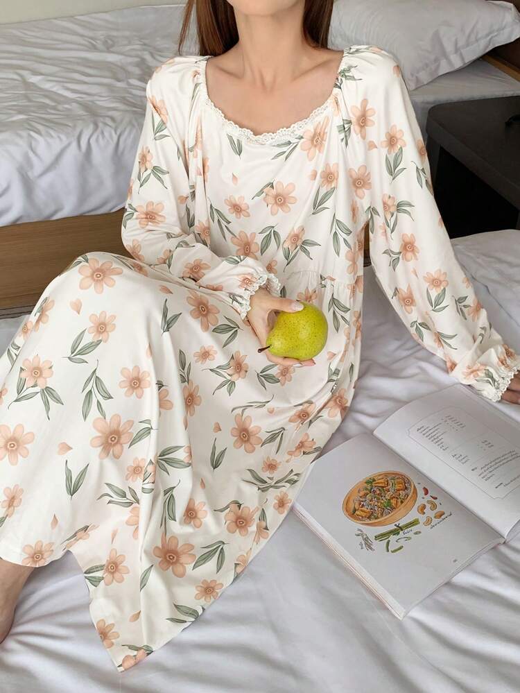 Floral Allover Print Sweet Square Collar Frilled Hem Nightgown Pajama