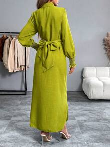 Calvaya Long Sleeve Button-Up Long Shirt With Waist Twist Detail